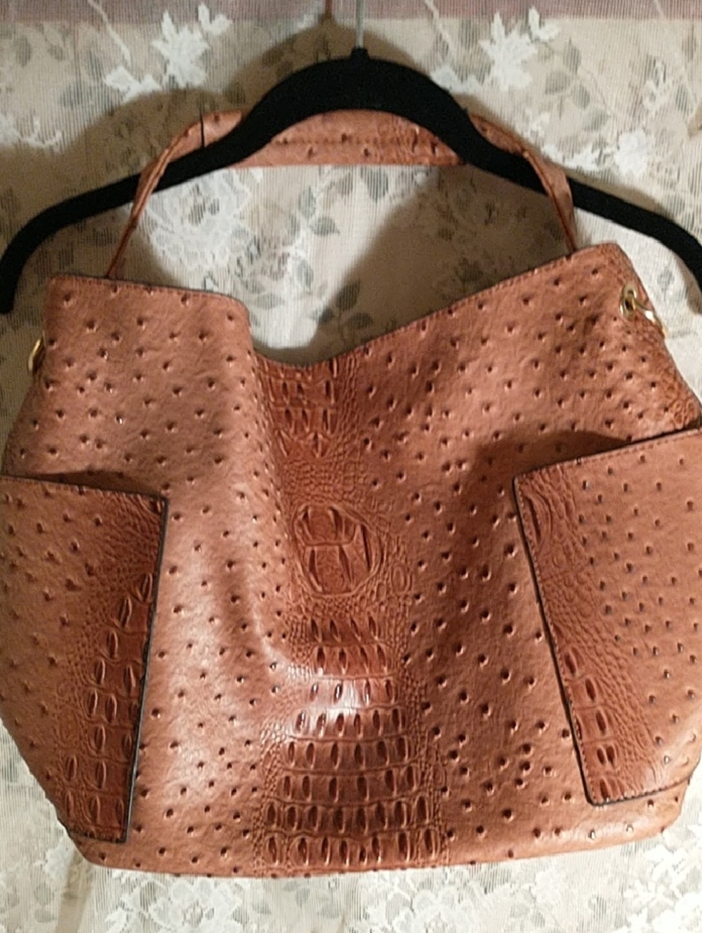 Brown  Cognac Faux Ostrich Embossed Tote Bag unbranded